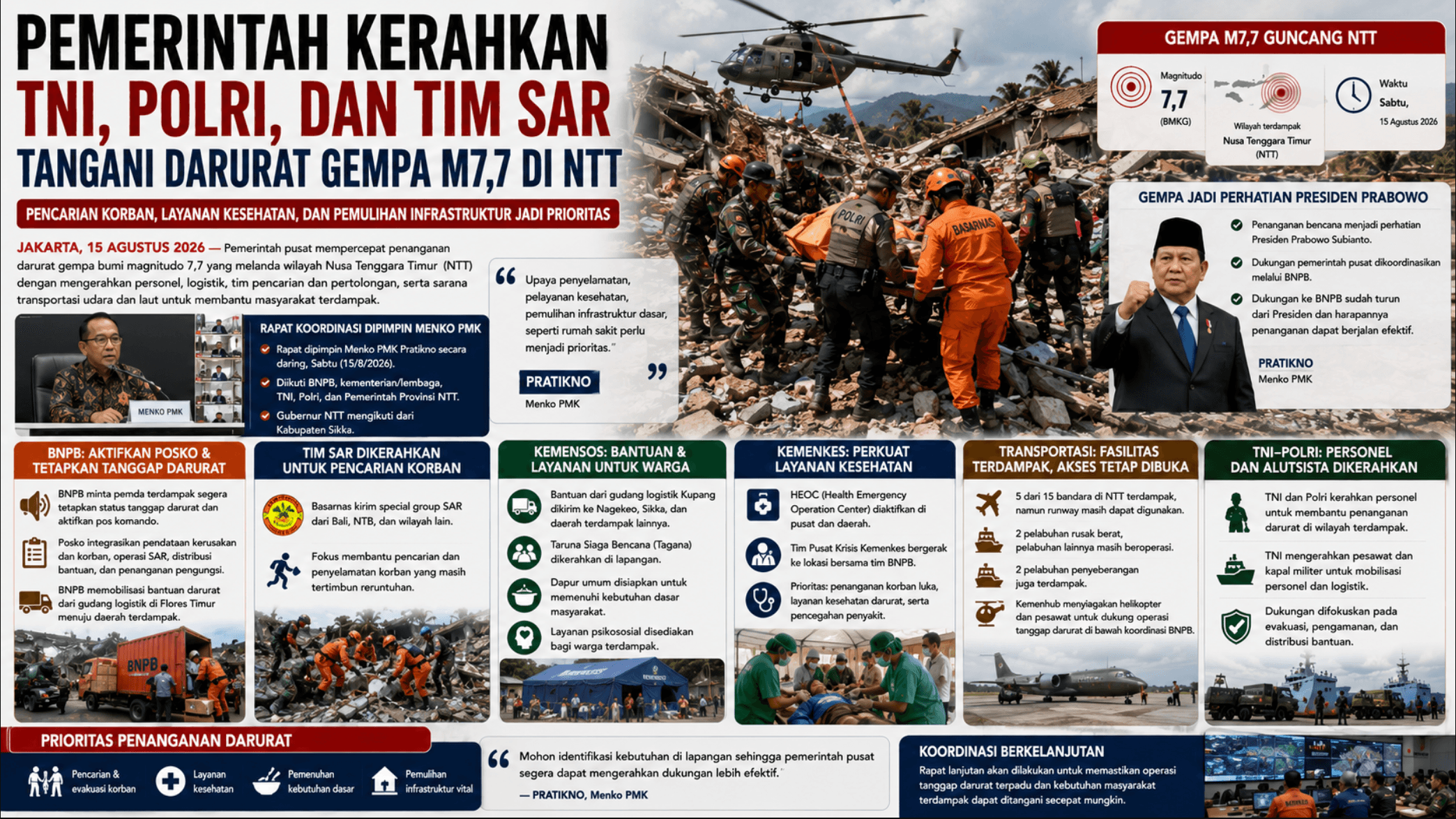 Pemerintah Kerahkan TNI Polri dan Tim SAR Tangani Darurat Gempa M7,7 di NTT