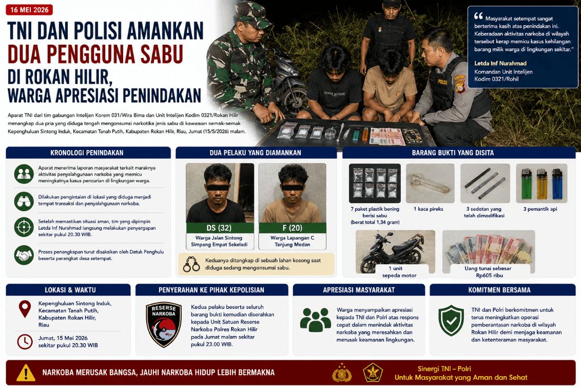 TNI dan Polisi Amankan Dua Pengguna Sabu di Rokan Hilir, Warga Apresiasi Penindakan