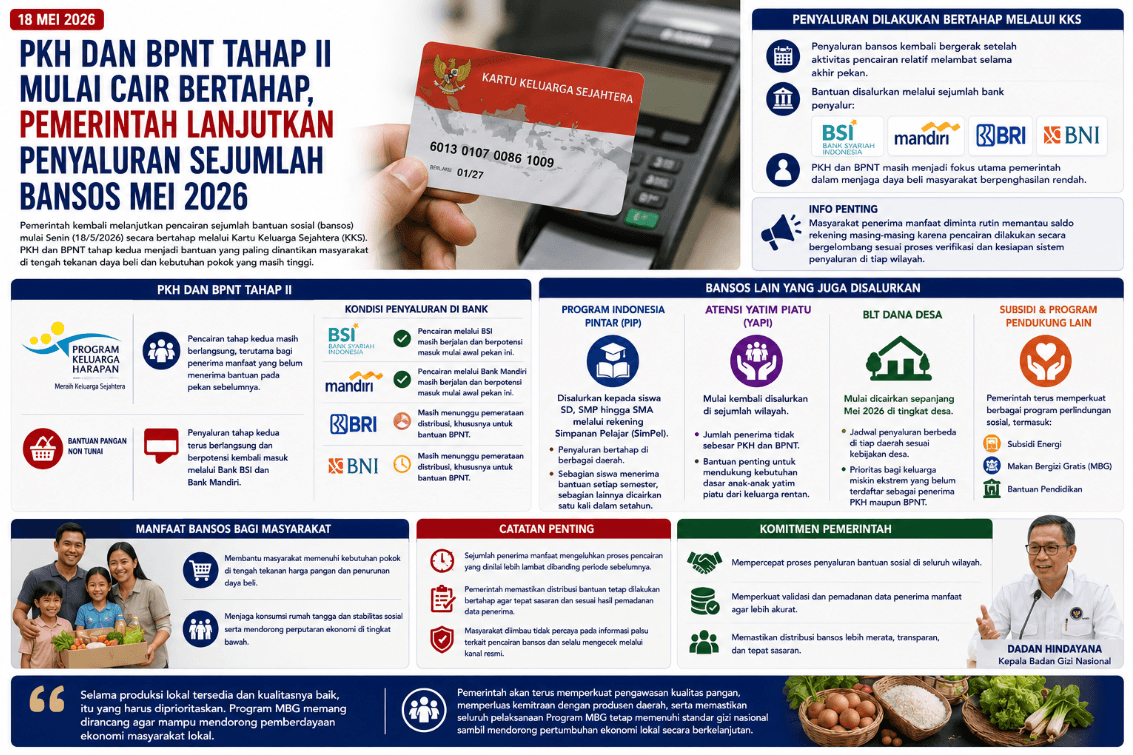 PKH dan BPNT Tahap II Mulai Cair Bertahap, Pemerintah Lanjutkan Penyaluran Sejumlah Bansos Mei 2026