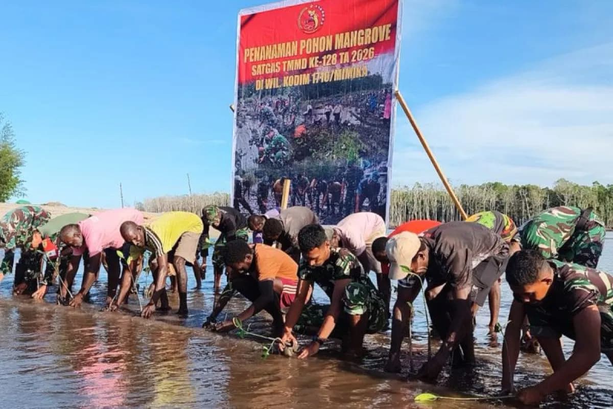 Satgas TMMD Kodim 1710/Mimika Tanam Ribuan Mangrove Bersama Warga di Pesisir Papua Tengah