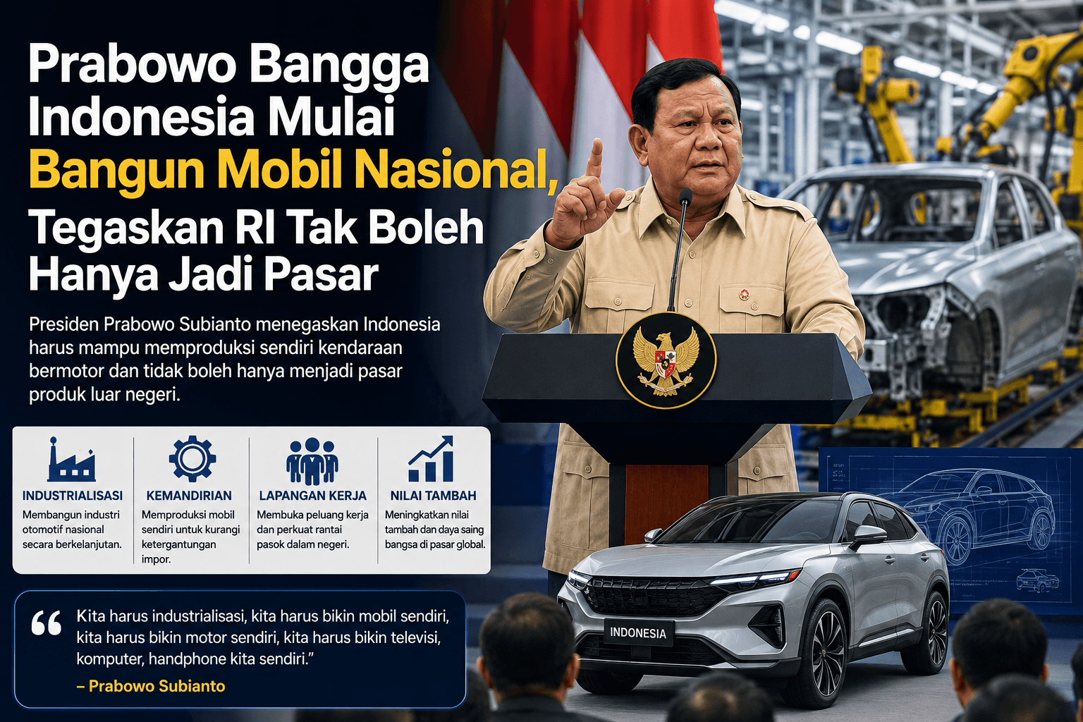 Prabowo Bangga Indonesia Mulai Bangun Mobil Nasional, Tegaskan RI Tak Boleh Hanya Jadi Pasar